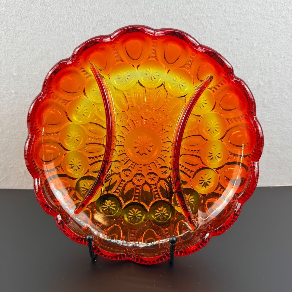 VTG L.E. Smith Amberina Glass Moon and Star 3-Part Divided Relish Tray UV Glow